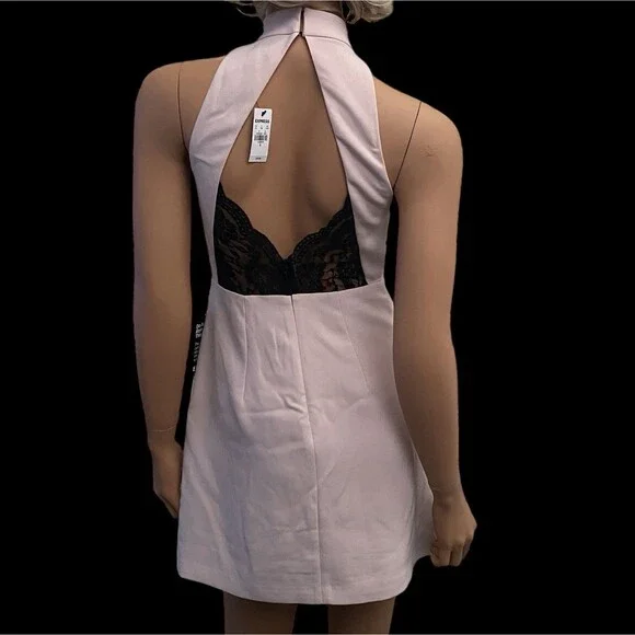 NWTS Pink Mini Dress Mock Neck Keyhole Sleeveless Sheath black lace Sz 0 Express - Picture 3 of 11